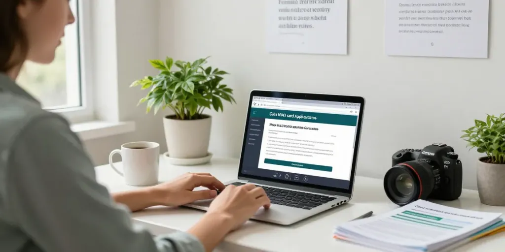 Ohio MMJ card application process in a modern home office setting with a person working on a laptop.