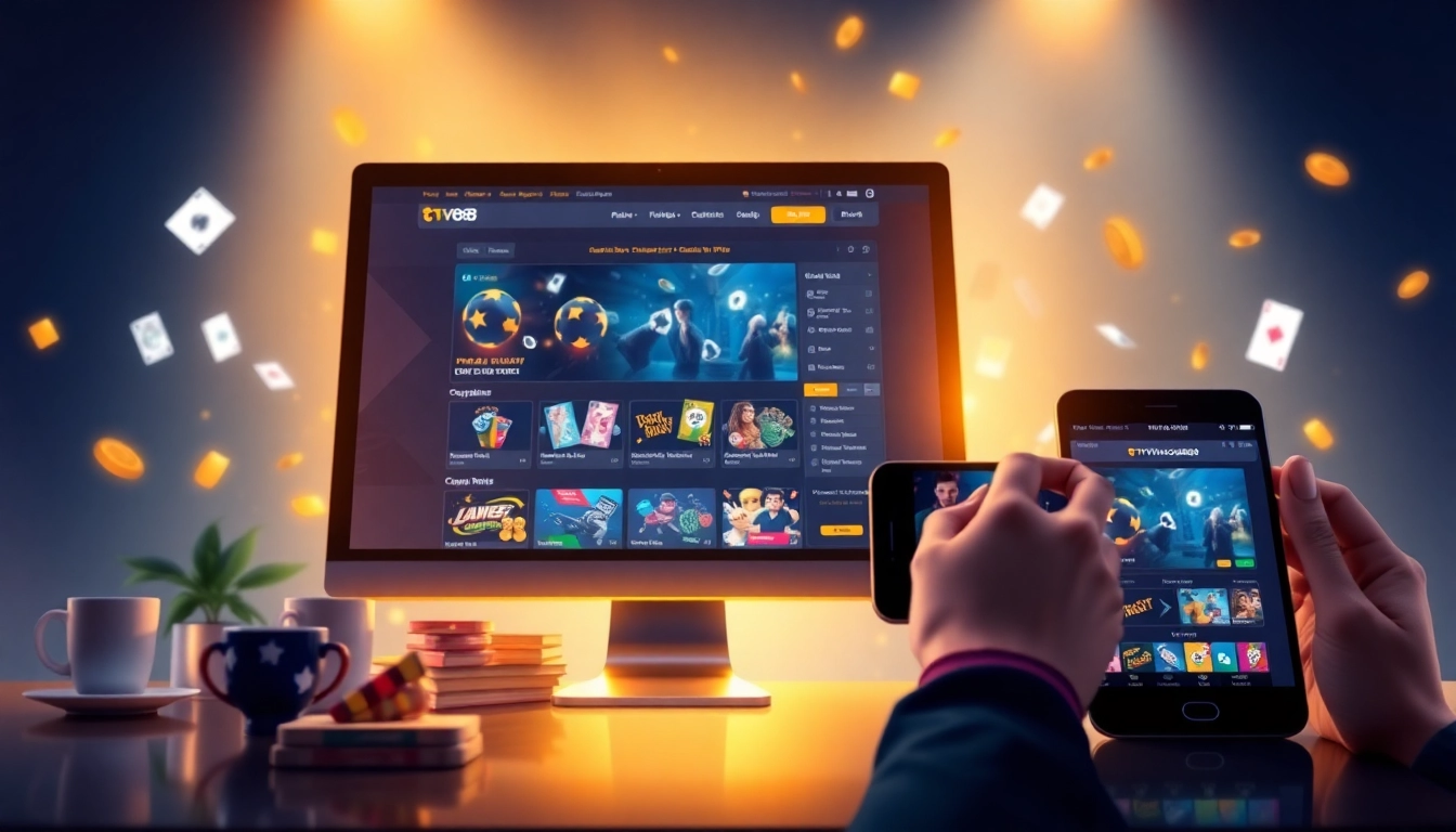 TV88 online gambling platform showcasing a modern interface on desktop and mobile devices