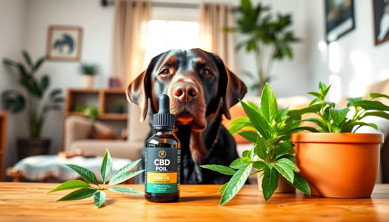 Promoting CBD For Pet health with a happy dog and CBD oil in a warm home setting.