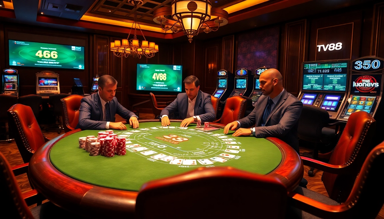 TV88 poker table scene showcasing vibrant chips, cards, and high-stakes excitement.