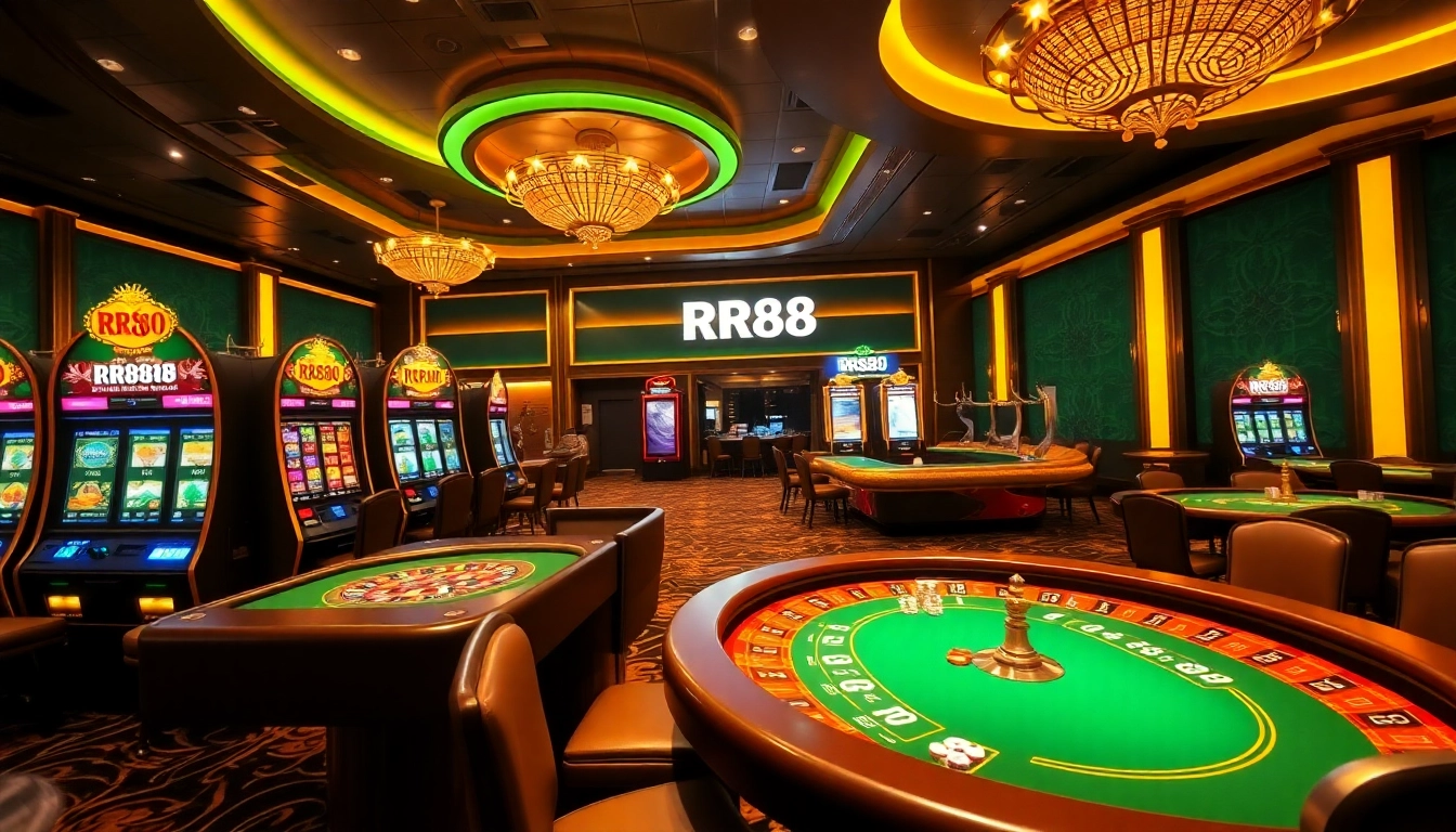 RR88 casino players enjoying vibrant games at stylish tables, emphasizing excitement and luxury.