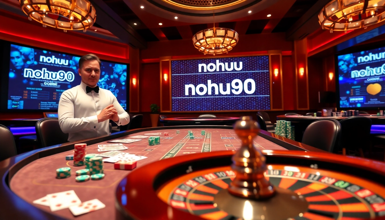 Experience the excitement of nohu90 casino with vibrant games, poker chips, and roulette.