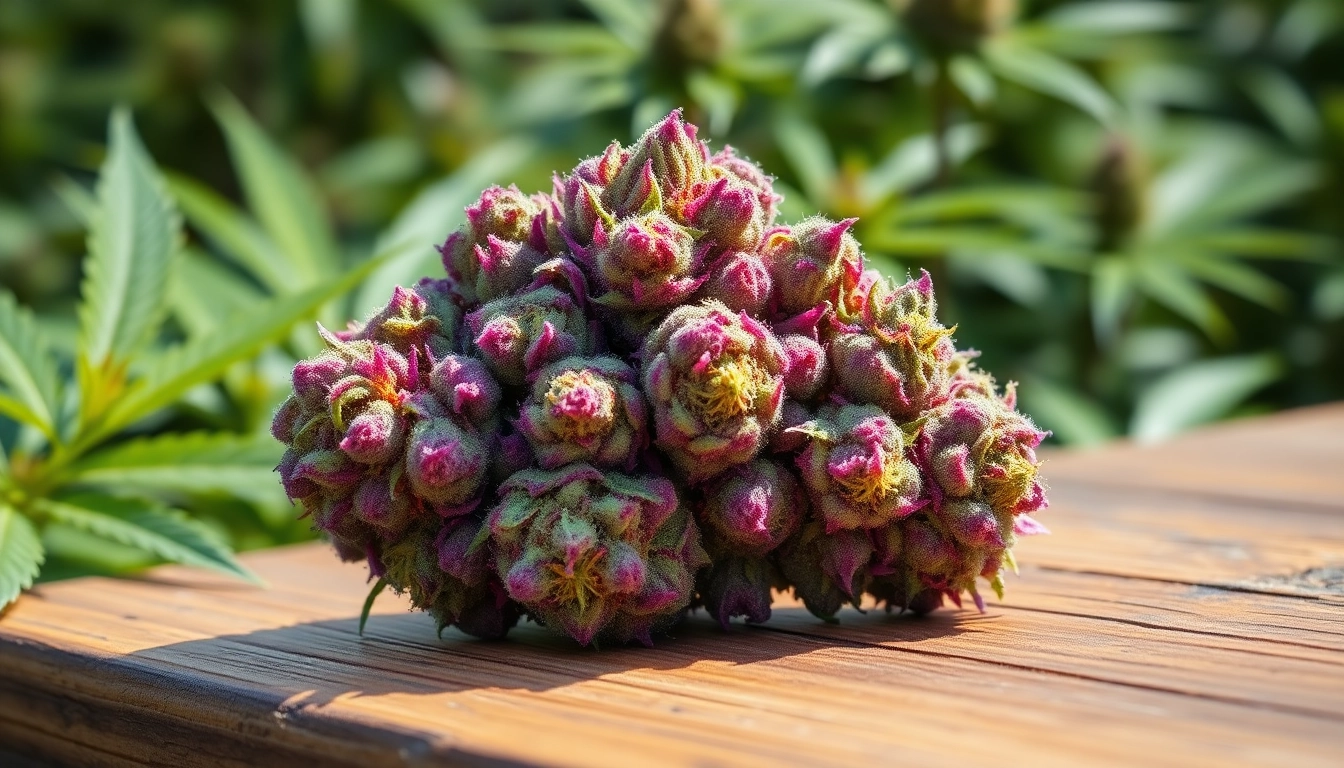 Admire the colorful and glistening miami runtz strain buds on a rustic table.