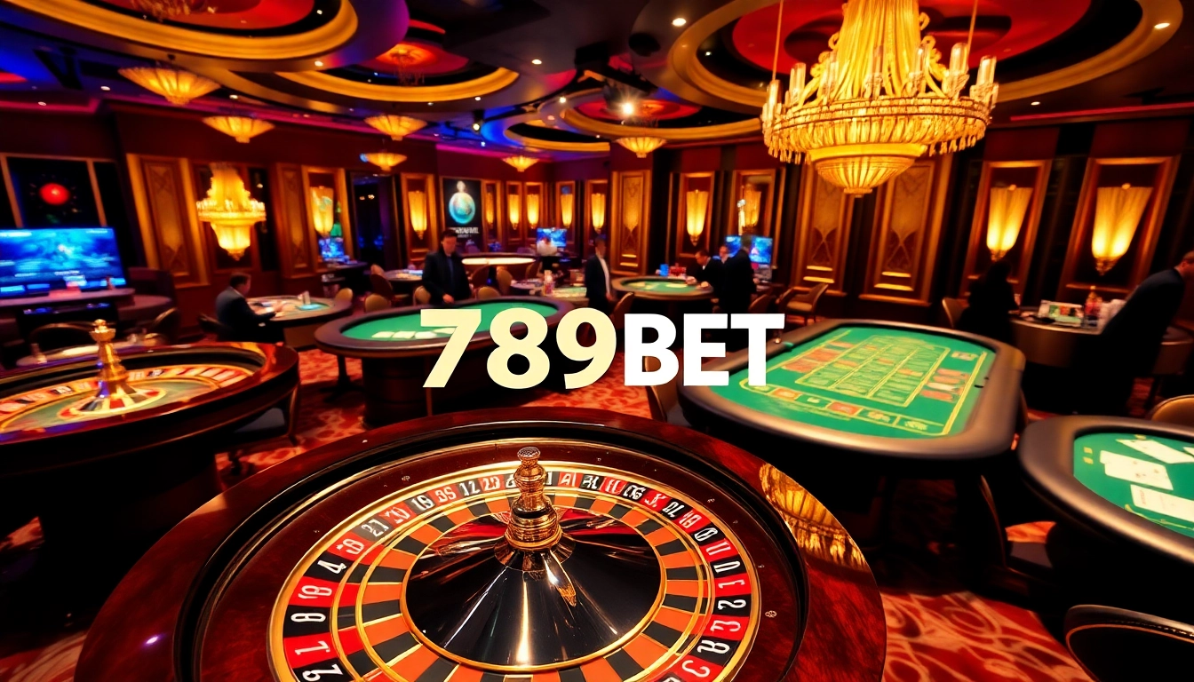 Experience thrilling gameplay with 789BET at an upscale casino featuring roulette and poker tables.
