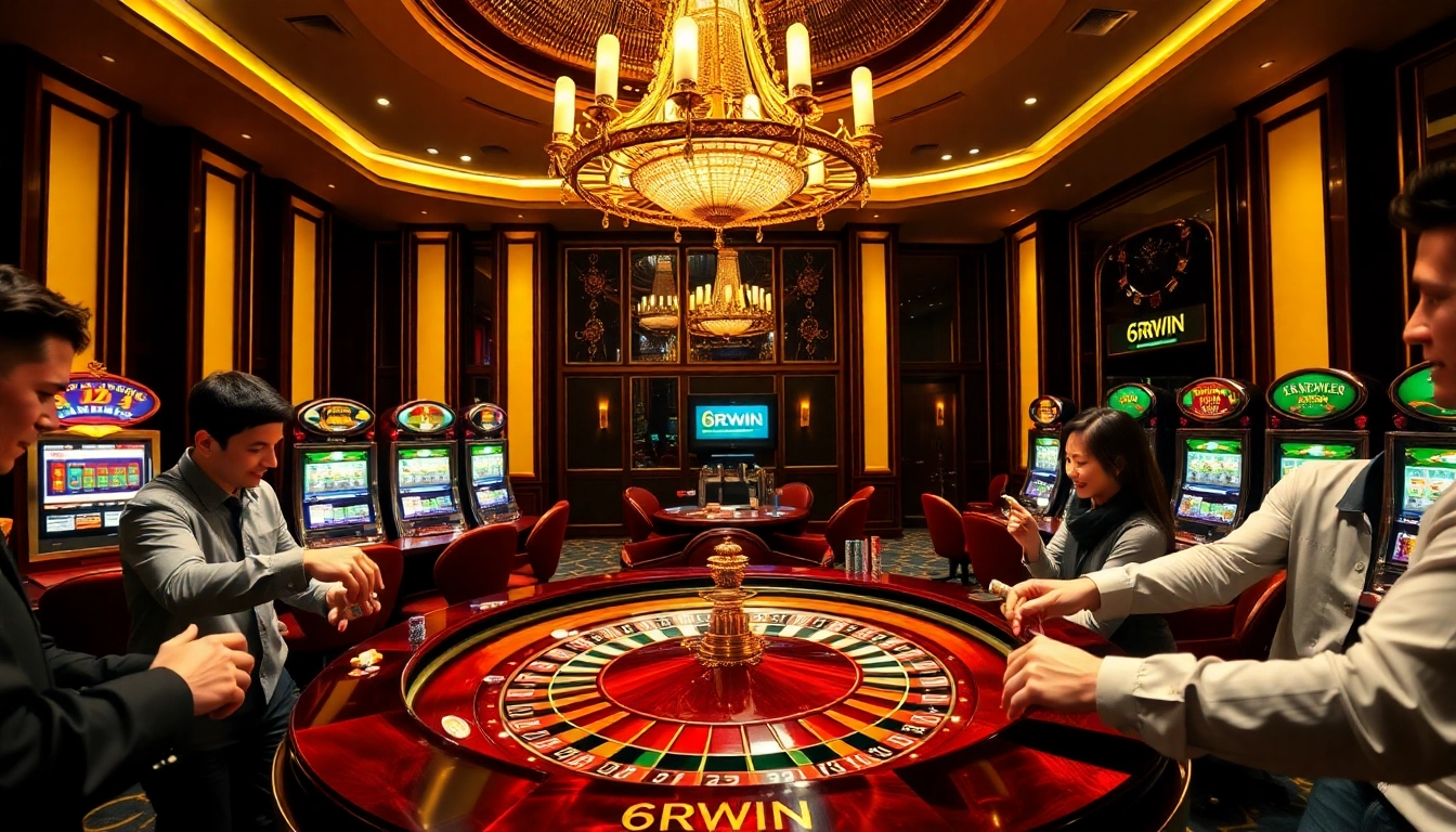 Experience thrilling moments at 6RWIN casino with players at tables and dazzling slot machines.