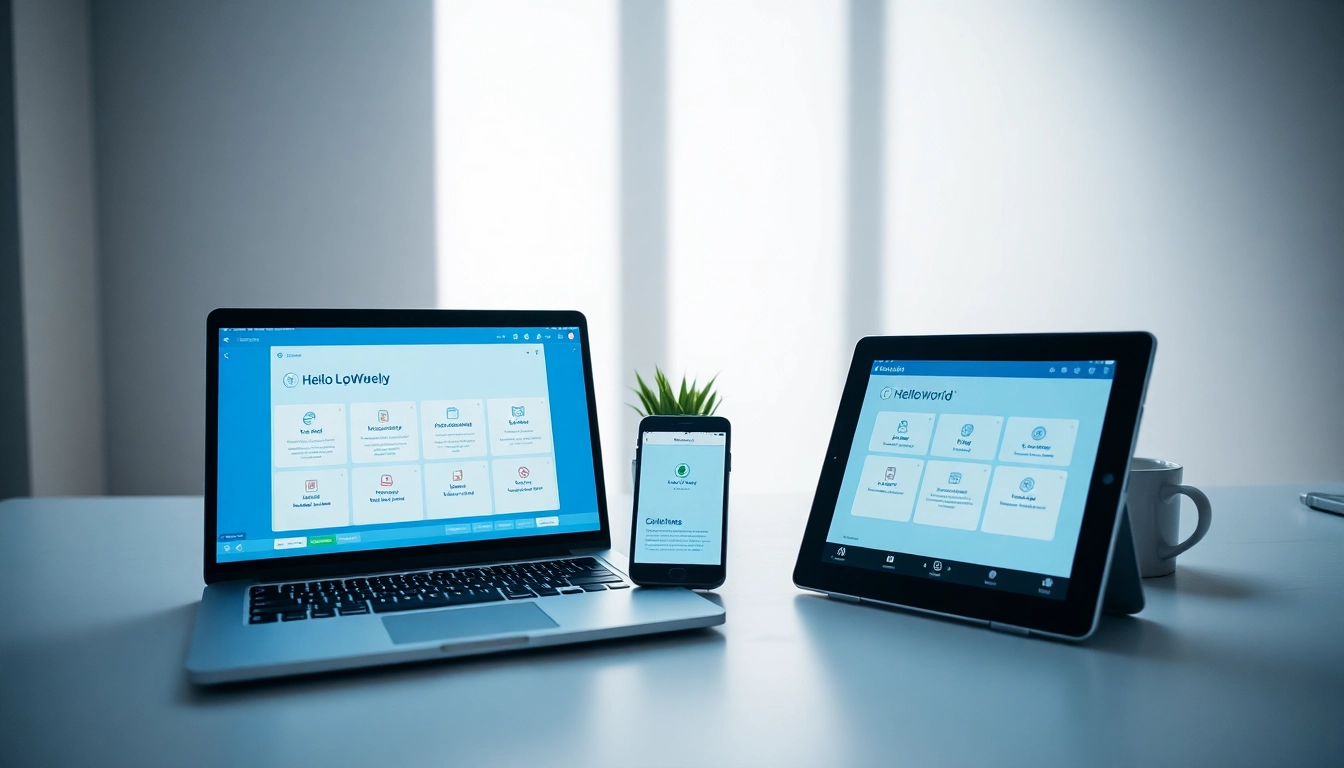HelloWorld software interface displayed on multiple devices in a modern workspace.