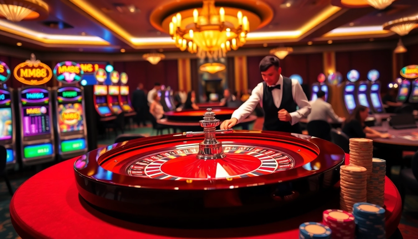 Gamblers experiencing excitement at MM88 casino with roulette and poker tables.