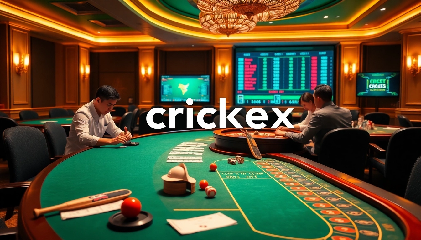 Crickex players engaged in thrilling casino games surrounded by cricket-themed decor.