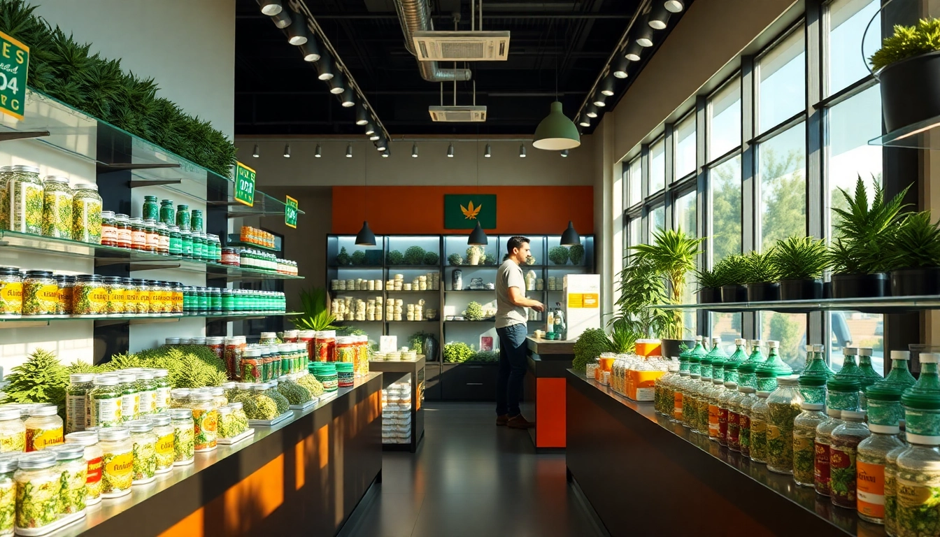 Discover a vibrant Weed Store with modern displays inviting customers into a cannabis haven.