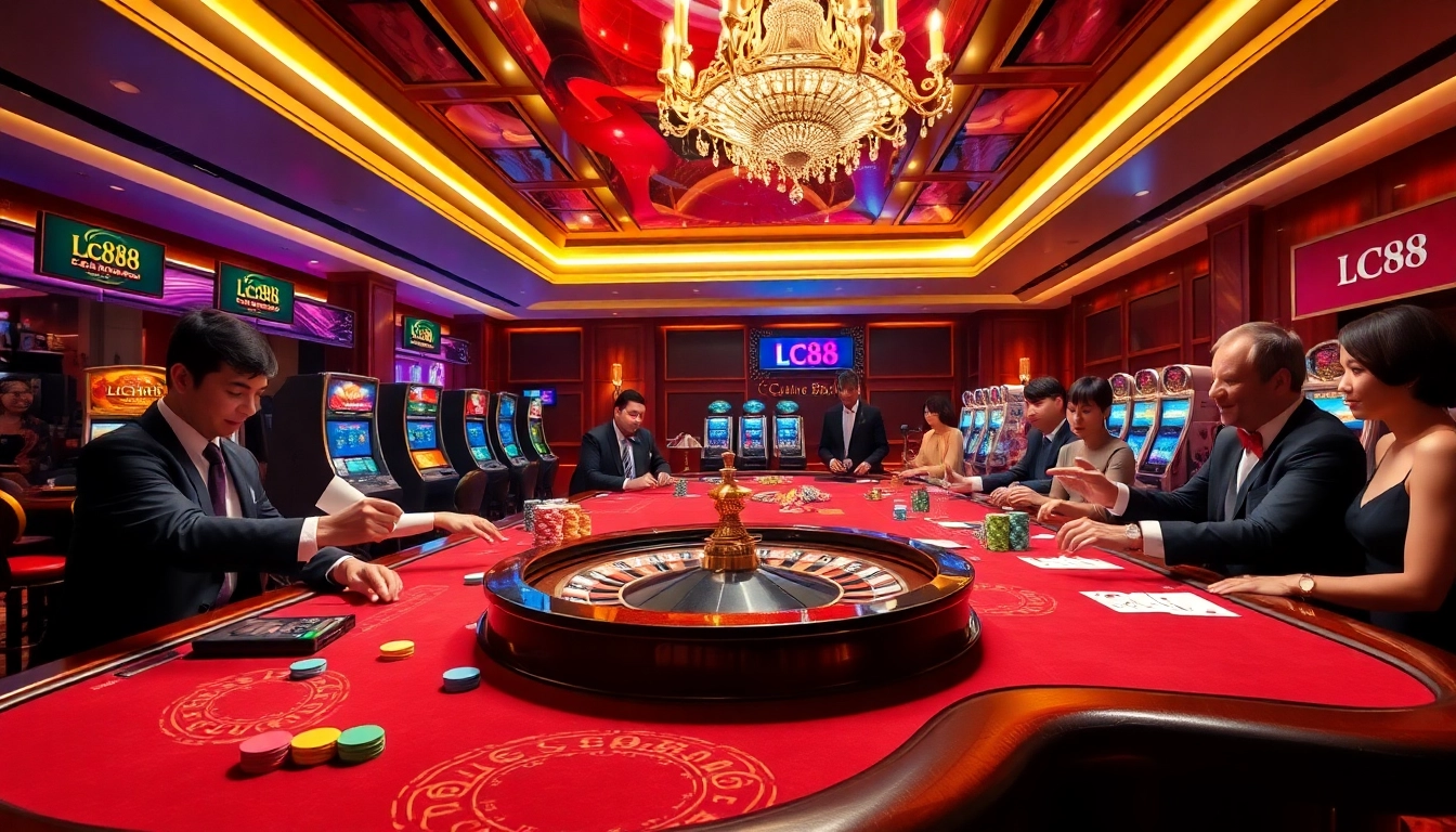 Intense Lc88 casino gaming scene with excited players at a roulette table and vibrant poker chips.