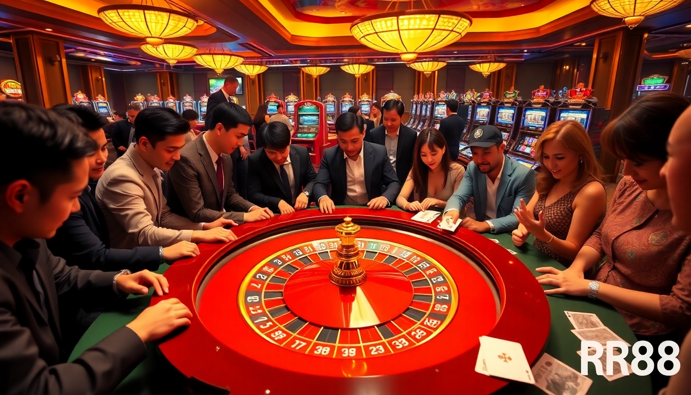 Players enjoying a thrilling game at RR88 casino, featuring roulette and vibrant poker chips.