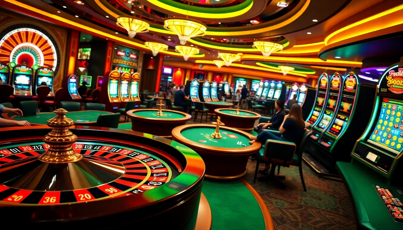 Thrilling gambling action at PH222 Casino with lively players and dazzling slot machines.