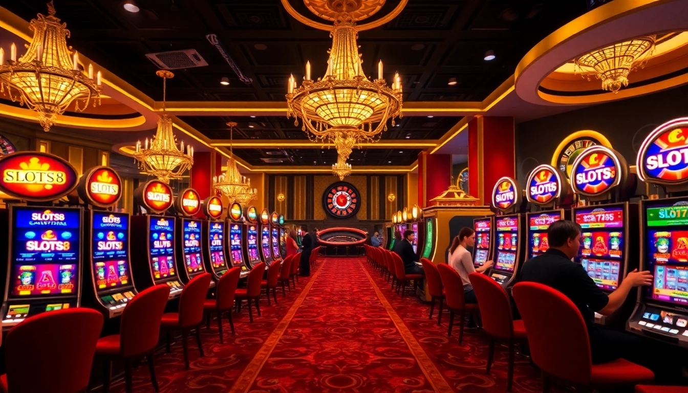 SLOTS8 players celebrating wins at a luxurious casino slot machine area with vibrant decor.