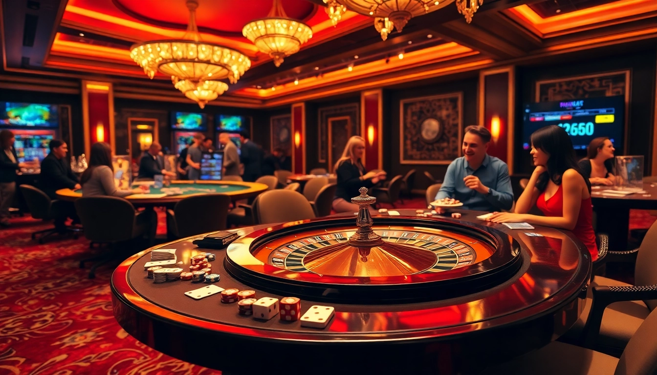 Thrilling casino scene with Thabet branding, featuring vibrant poker tables, chips, and a roulette wheel.