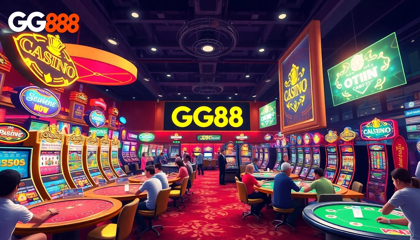 Experience the excitement of GG88's vibrant online casino with colorful gaming areas and engaging players.