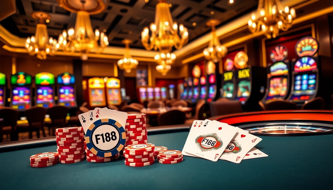 F168 poker chips stack atop a luxurious casino table filled with vibrant gaming elements.