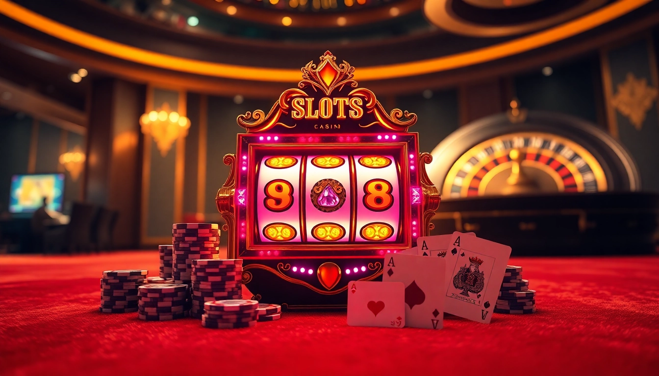 Engaging slot machine display SLOTS8 with poker chips and illuminated ambiance.