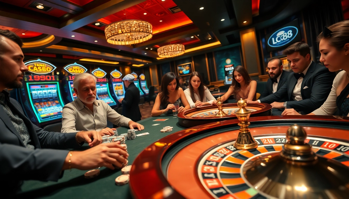 Experience the thrill of the Lc88 casino with vibrant players at a poker table.