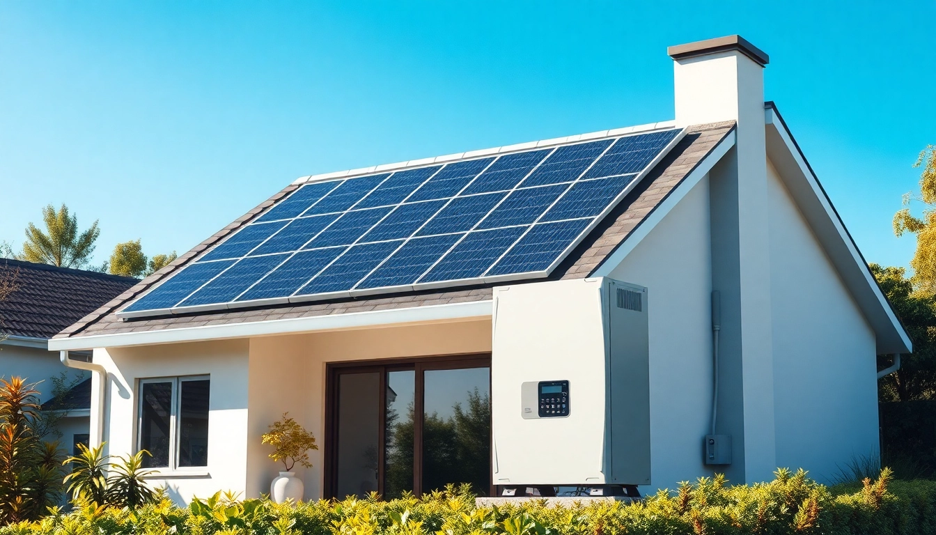 10kw hybrid solar system displayed on a modern home with solar panels, inverter, and battery, symbolizing sustainable energy.