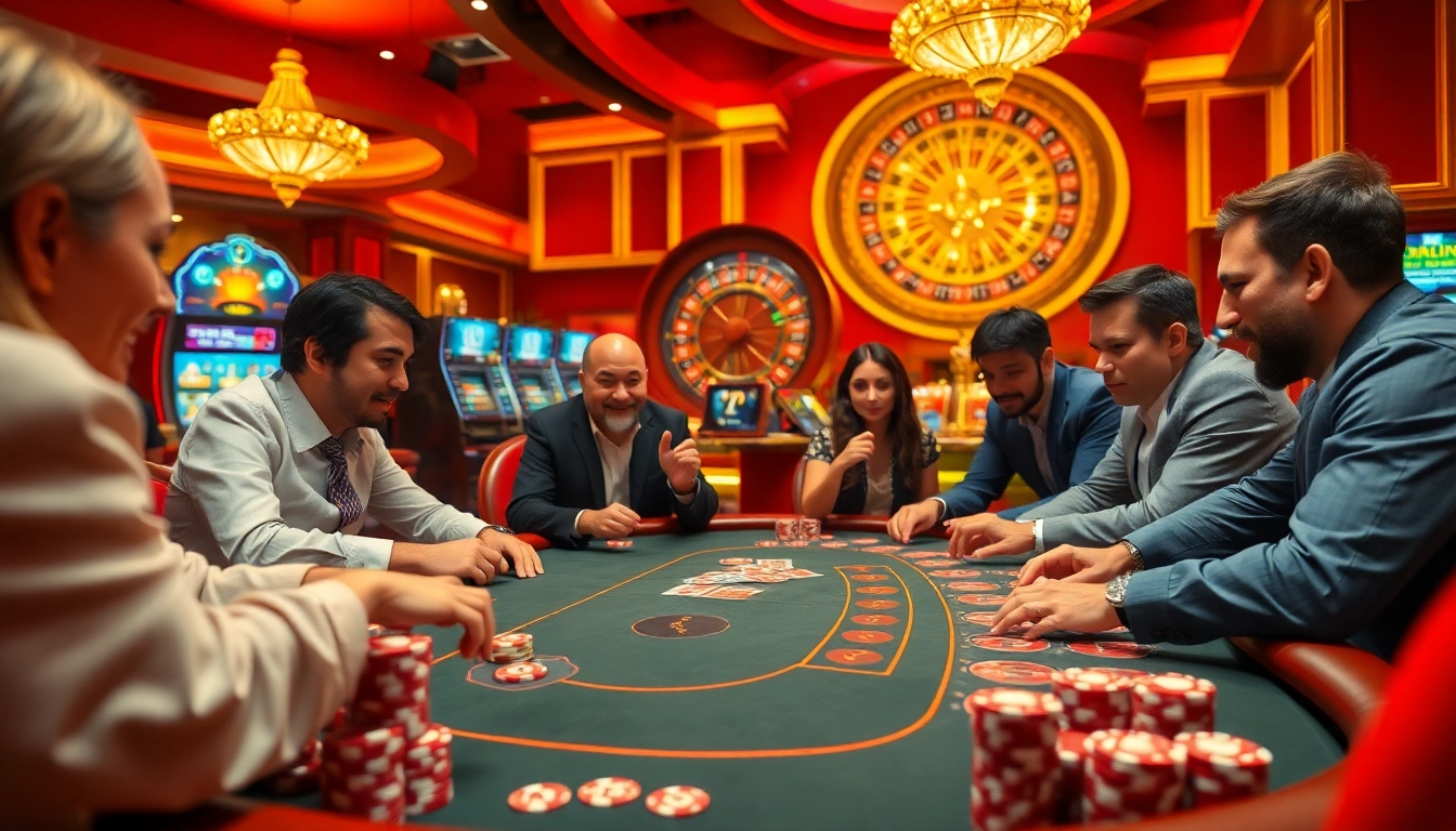 Exciting poker game at a luxurious casino, showcasing 7mcn strategies with vibrant decor.