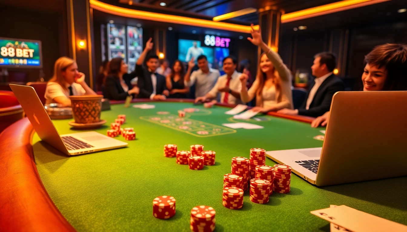 Experience the thrill of gaming with 88bet's exciting casino atmosphere enriched by vibrant poker chips and glowing dice.