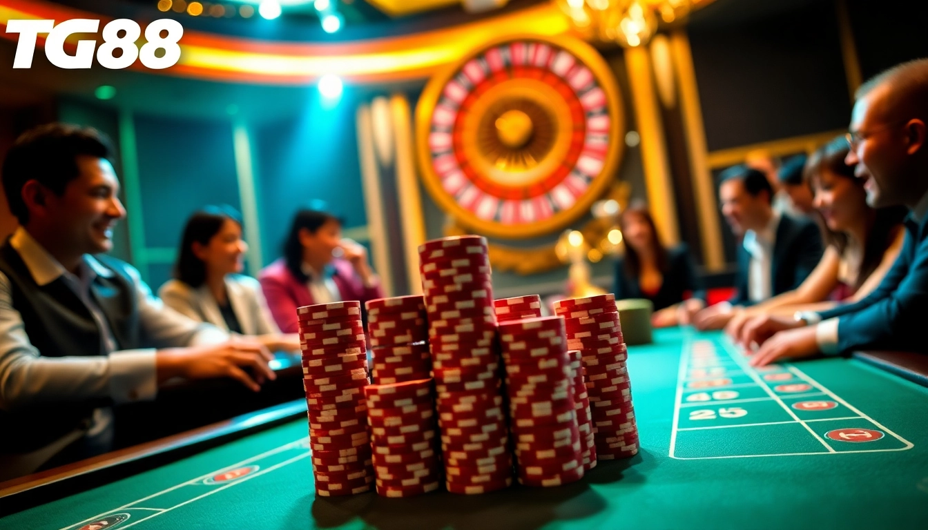Exciting TG88 online casino scene with poker chips and roulette wheel, enhancing user experience.