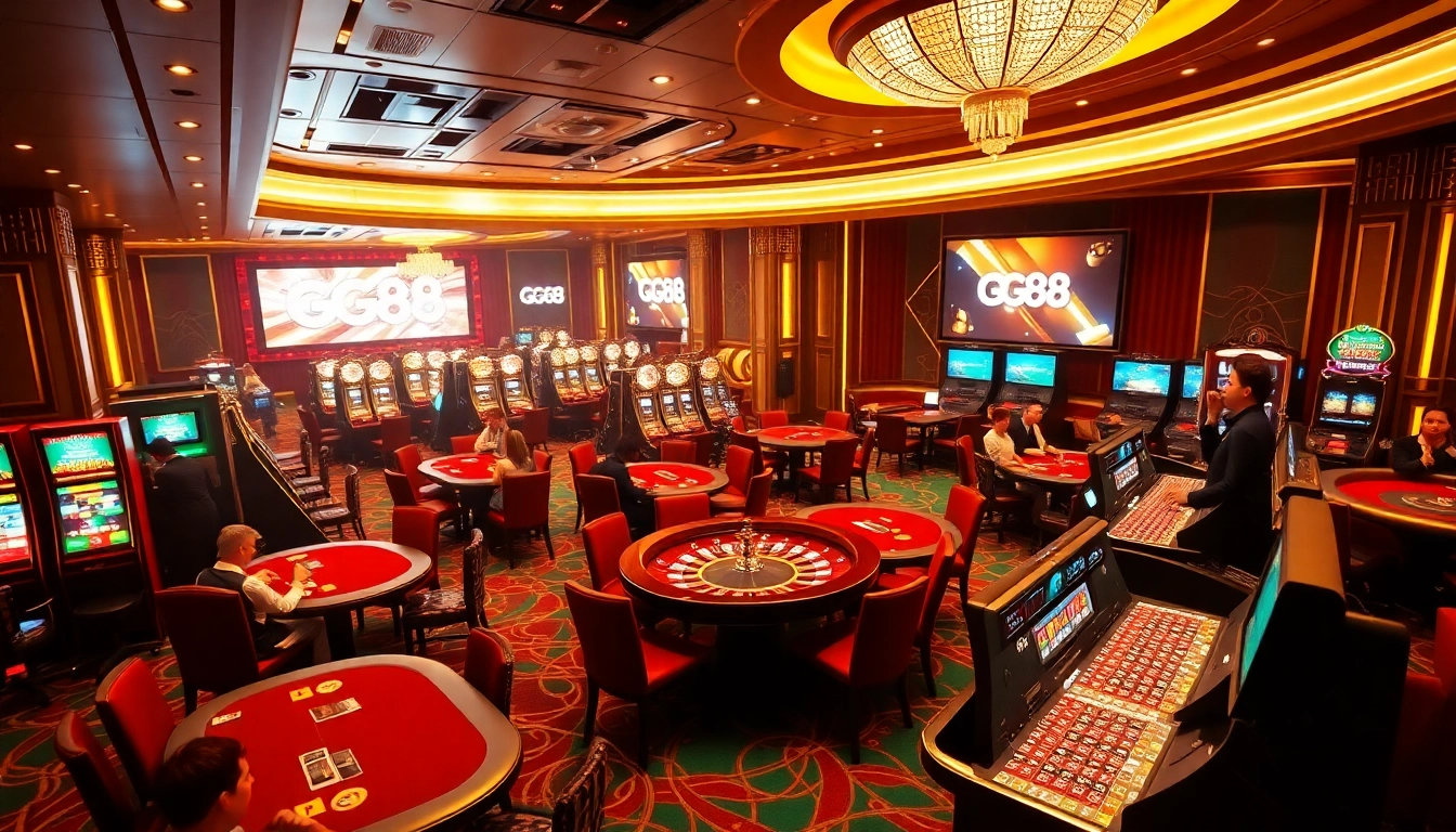 Players enjoying the vibrant atmosphere of GG88 casino with thrilling games and luxury decor.
