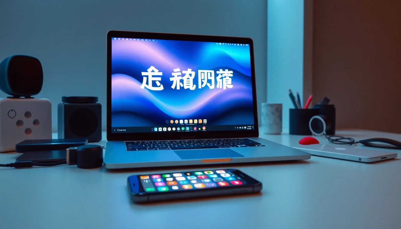 Display of 爱思助手 software on a modern workspace with tech gadgets.