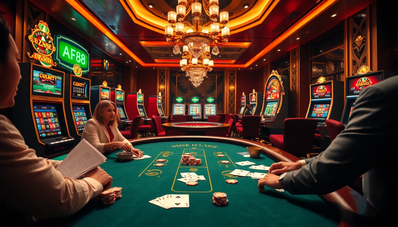 AF88 players enjoying poker in a luxurious casino setting with vibrant slot machines.