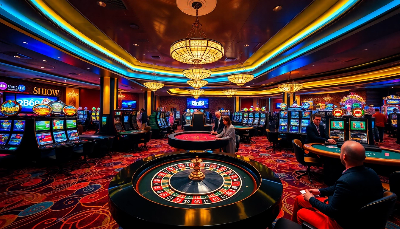 Players enjoying vibrant games at Bin88's luxurious casino floor, showcasing excitement and professionalism.