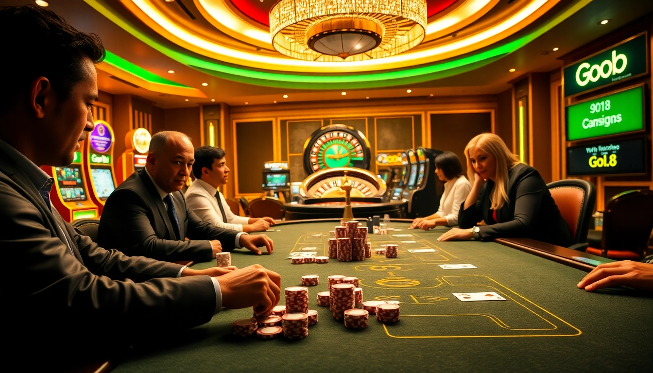 Engaging poker players at a Go8-themed casino table during high-stakes action.