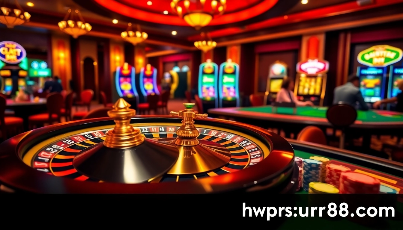 Exciting gaming scene at https://urr88.com/ with roulette, poker chips, and slot machines highlighting luxury.