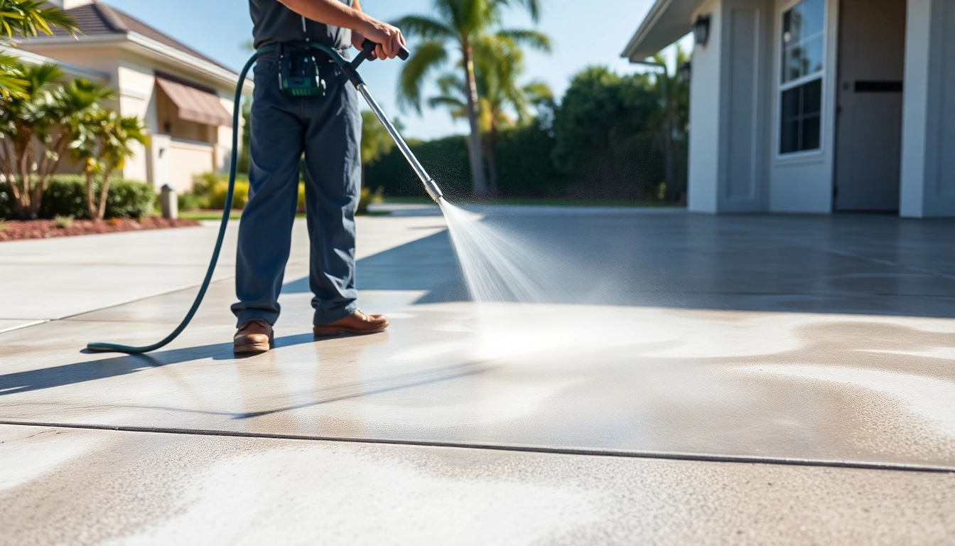 Concrete cleaning in Kissimmee FL, showcasing a technician using a pressure washer for effective surface restoration.