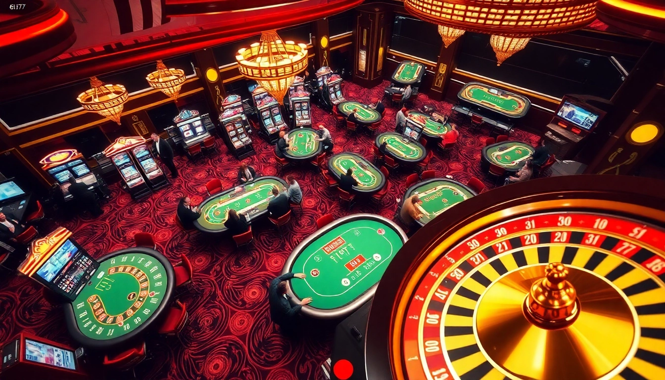Experience the thrill of 6L777 in a luxurious casino setting with vibrant games and excited players.