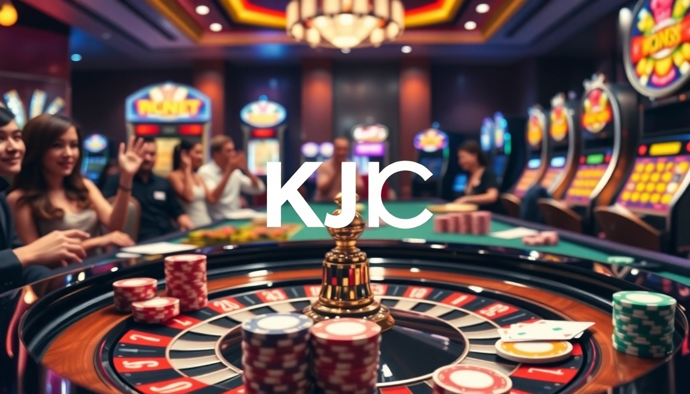 KJC's thrilling casino scene with excited players at a roulette table and vibrant poker chips.