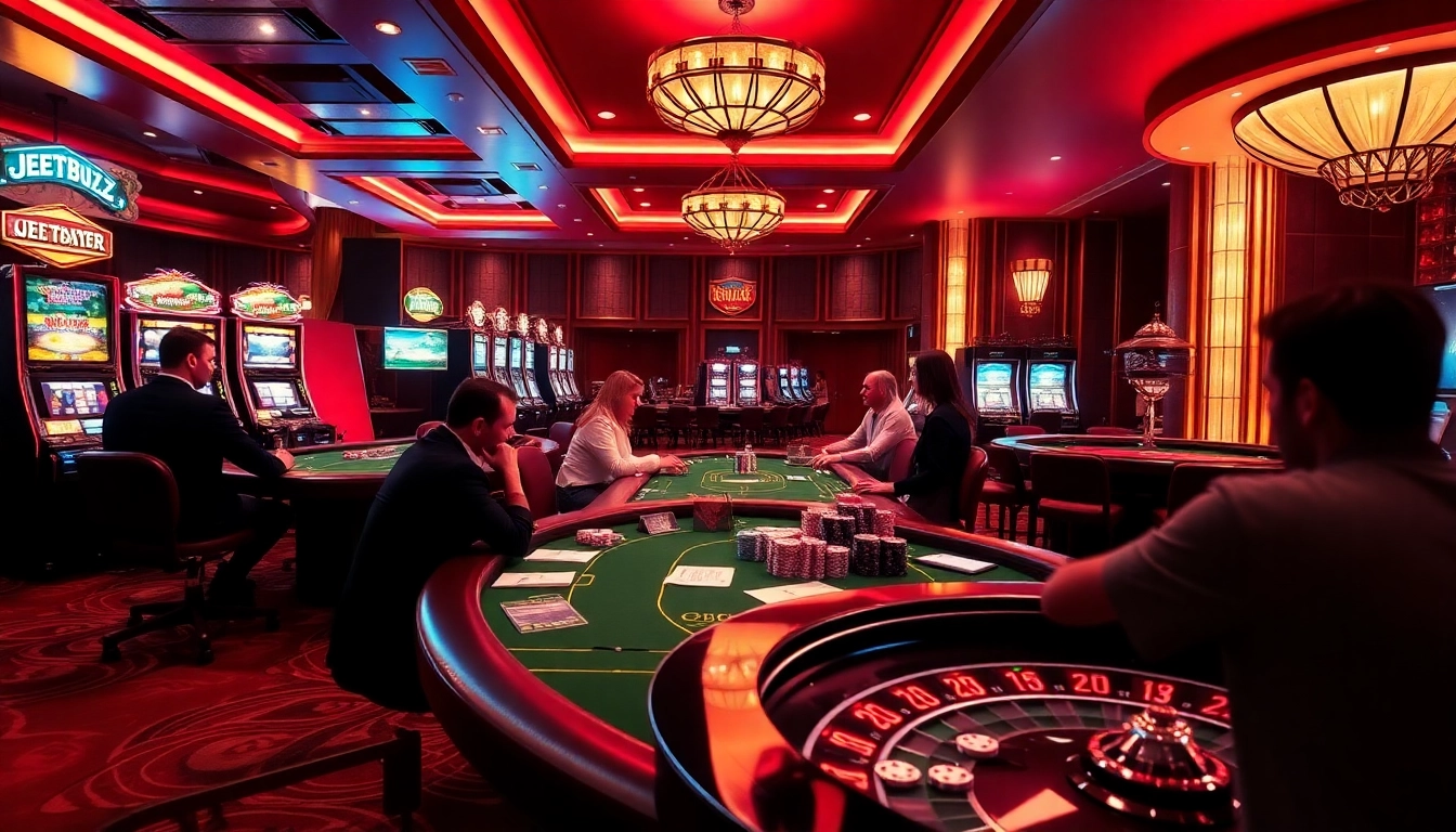 Experience thrilling gameplay at Jeetbuzz with vibrant casino tables and spinning roulette.