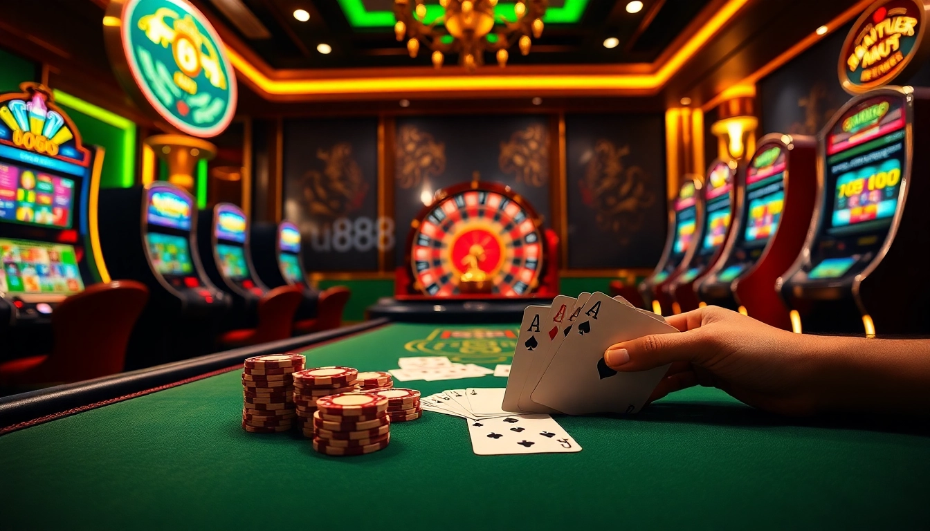 Experience high-stakes excitement at a u888 casino table with poker chips and cards.