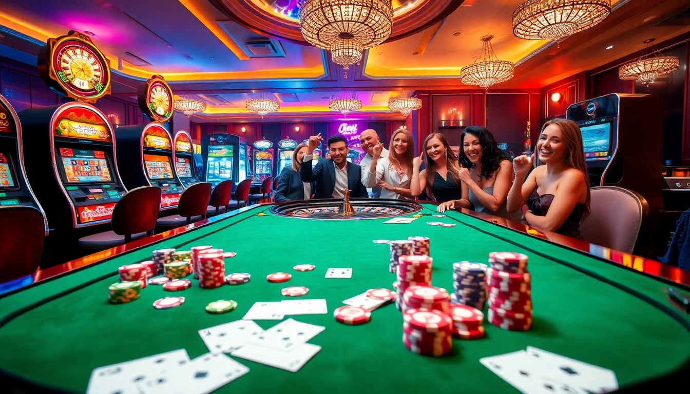 Players enjoying a thrilling game at Jeetbuzz casino, celebrating wins with poker chips and cards.