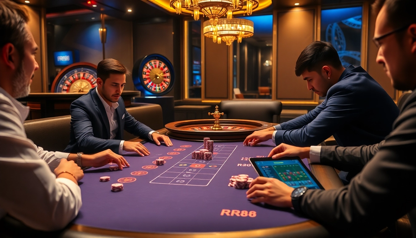 Players enjoying poker at RR88 casino table with vibrant atmosphere and roulette wheel.