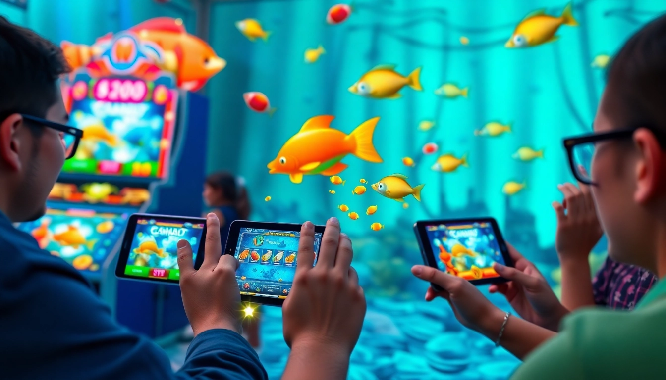 Players eagerly enjoying bắn cá đổi thưởng online, showcasing colorful fish and a vibrant underwater scene.