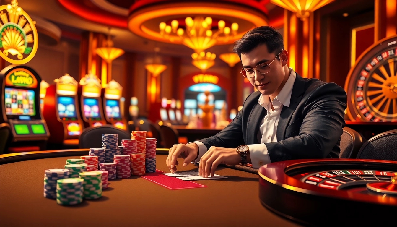 Experience thrilling gameplay at PH222 with a vibrant casino scene featuring poker and slot machines.