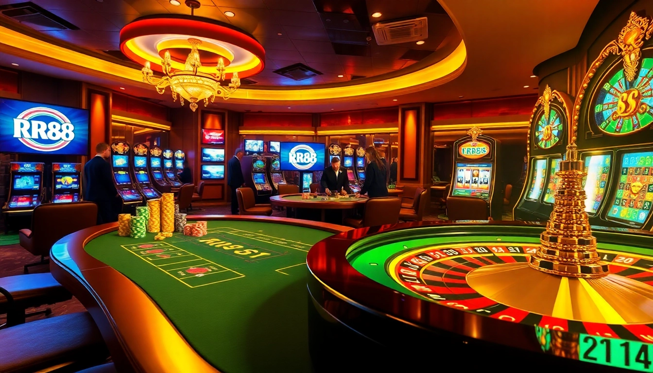 Players winning big at RR88 casino with poker chips and roulette excitement.