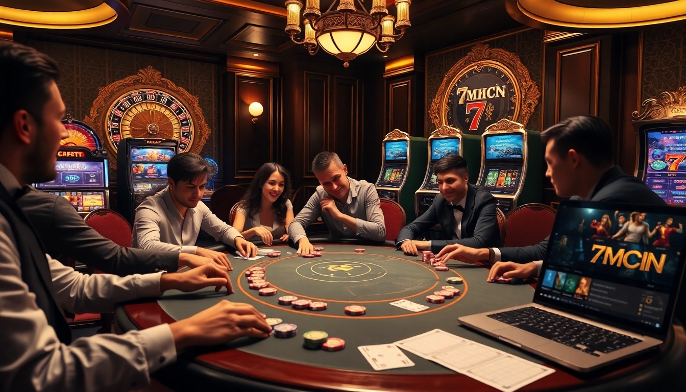 A player strategizing at a poker table while using 7mcn on a laptop for real-time odds.