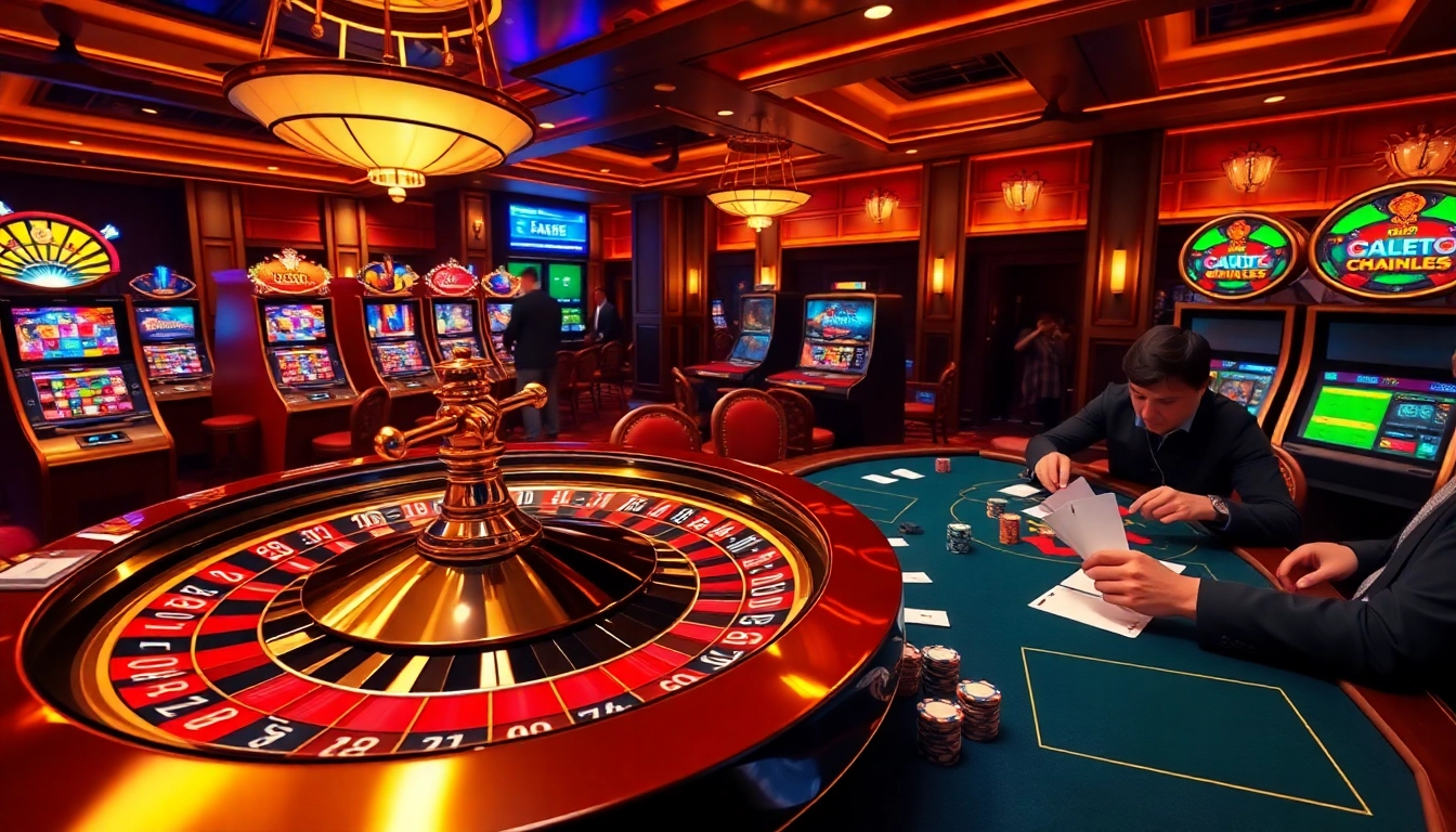 Experience the thrill of f8bet with vibrant slot machines and an elegant roulette wheel.