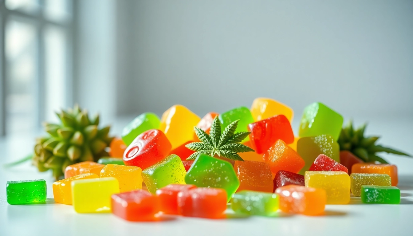 Showcase vibrant Weed Gummies arranged in a stylish composition that invites relaxation.