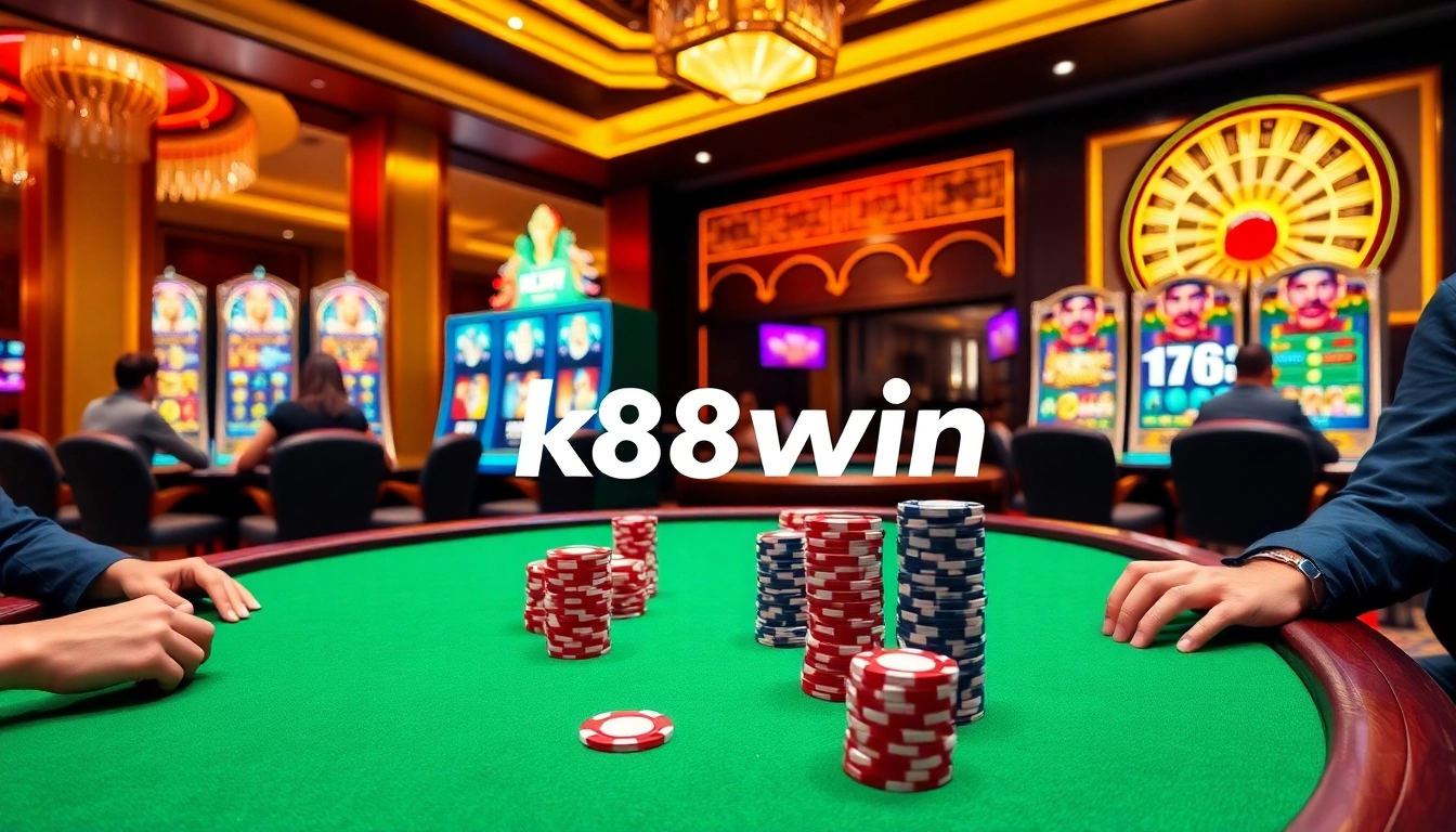 K88win players strategizing at a vibrant poker table in a luxurious casino setting.