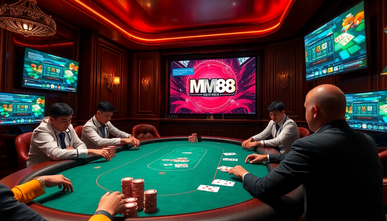 Players engaged in a thrilling MM88 poker game with vibrant casino elements and elegant decor.