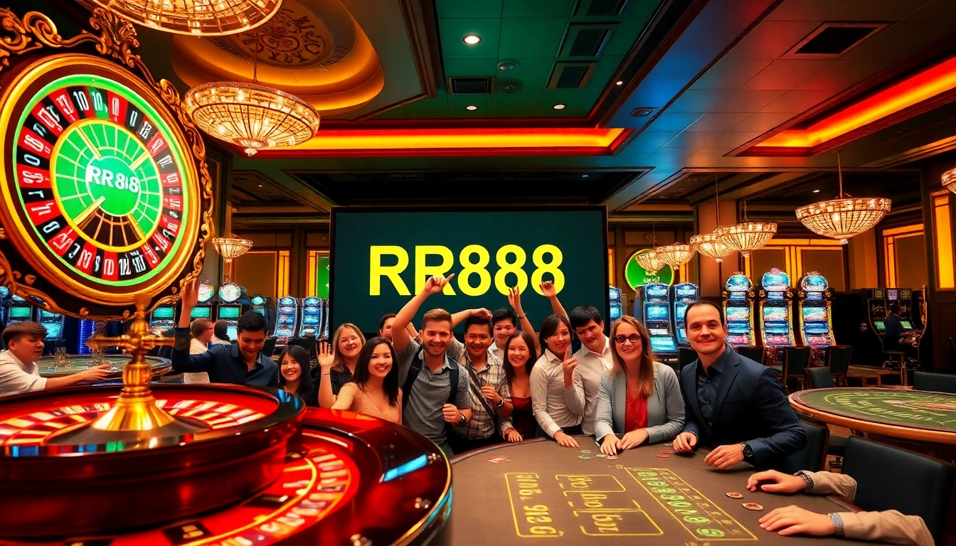Gambling enthusiasts enjoying a thrilling game experience at RR88's vibrant casino.