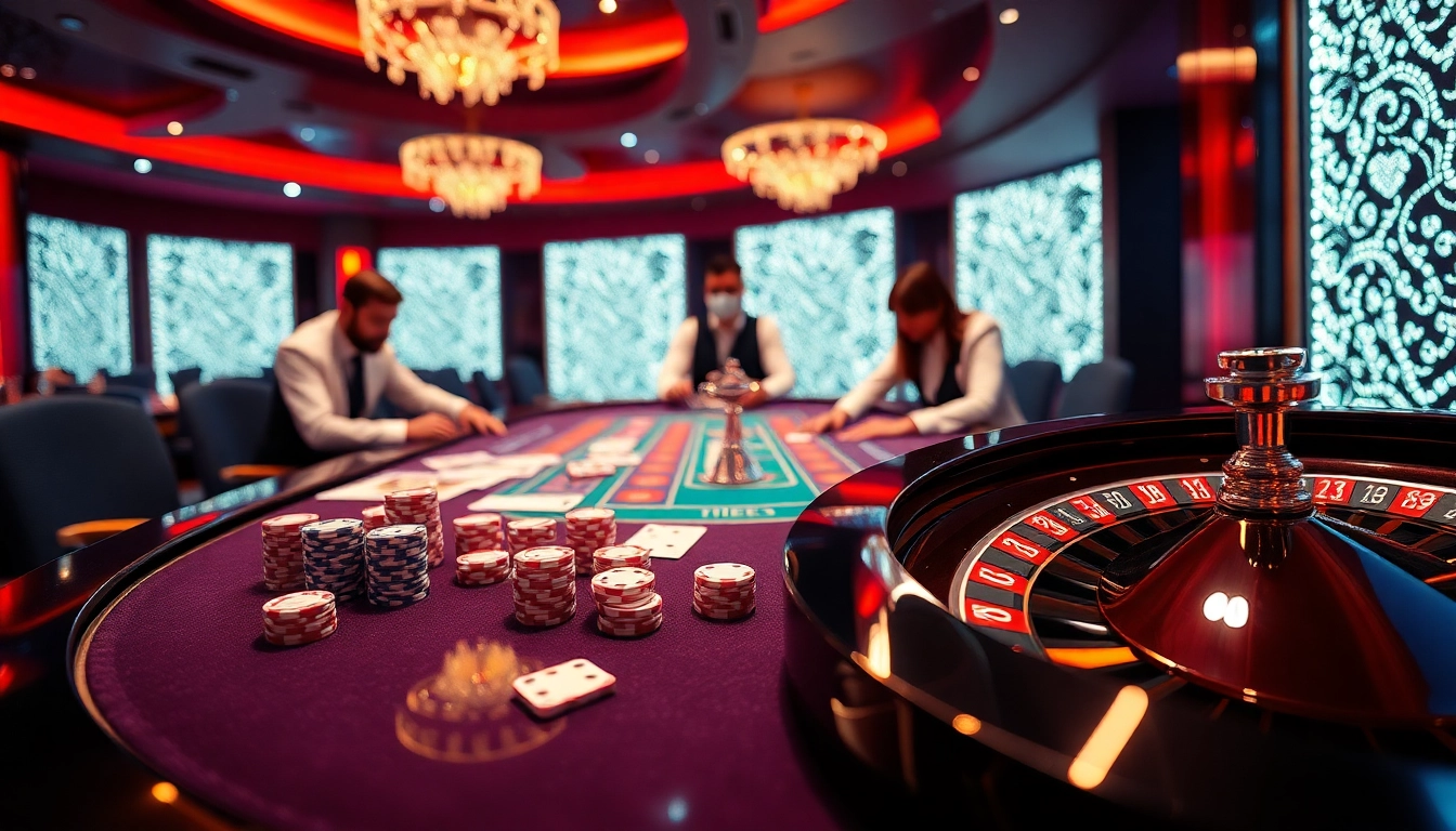 Exciting RR88 gambling experience with players at a casino table, showcasing cards and chips.