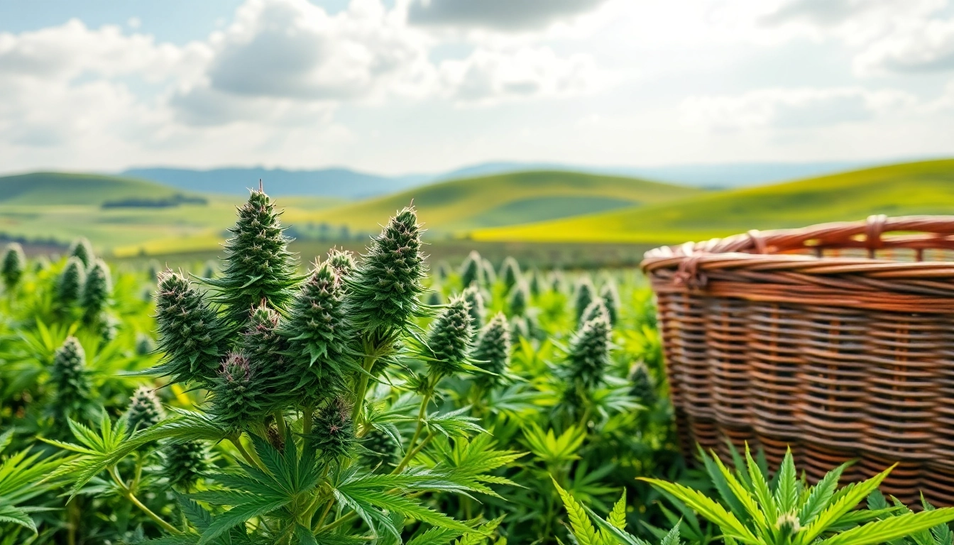 View of fresh Mental Wellness CBD buds in a wicker basket amidst a serene hemp field.